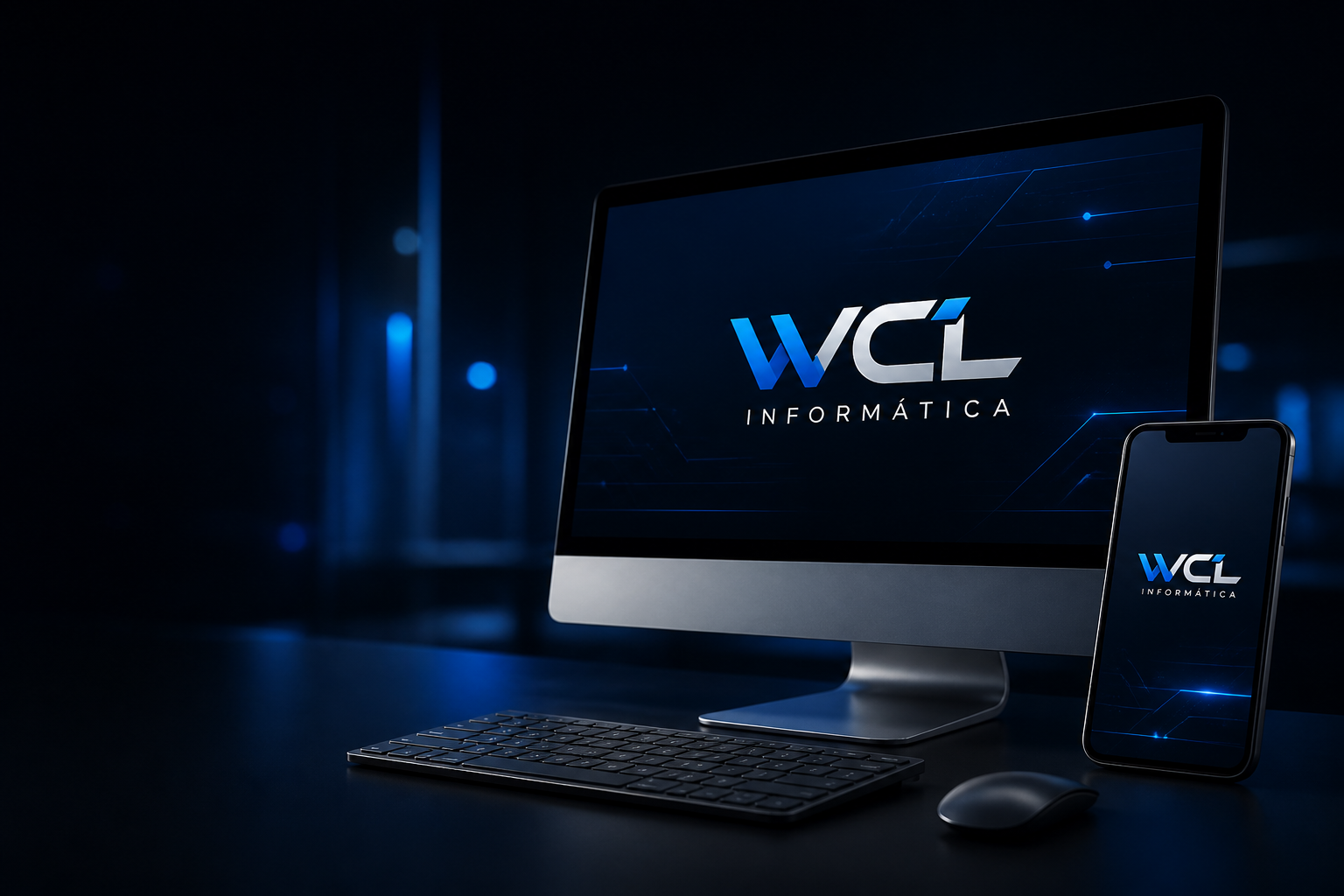 Computador e celular com a identidade WCL Informática